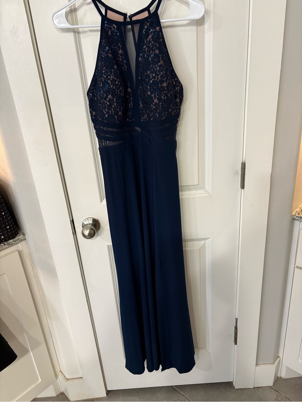 Morgan & Co. Navy Lace Halter Maxi Dress with Keyhole
